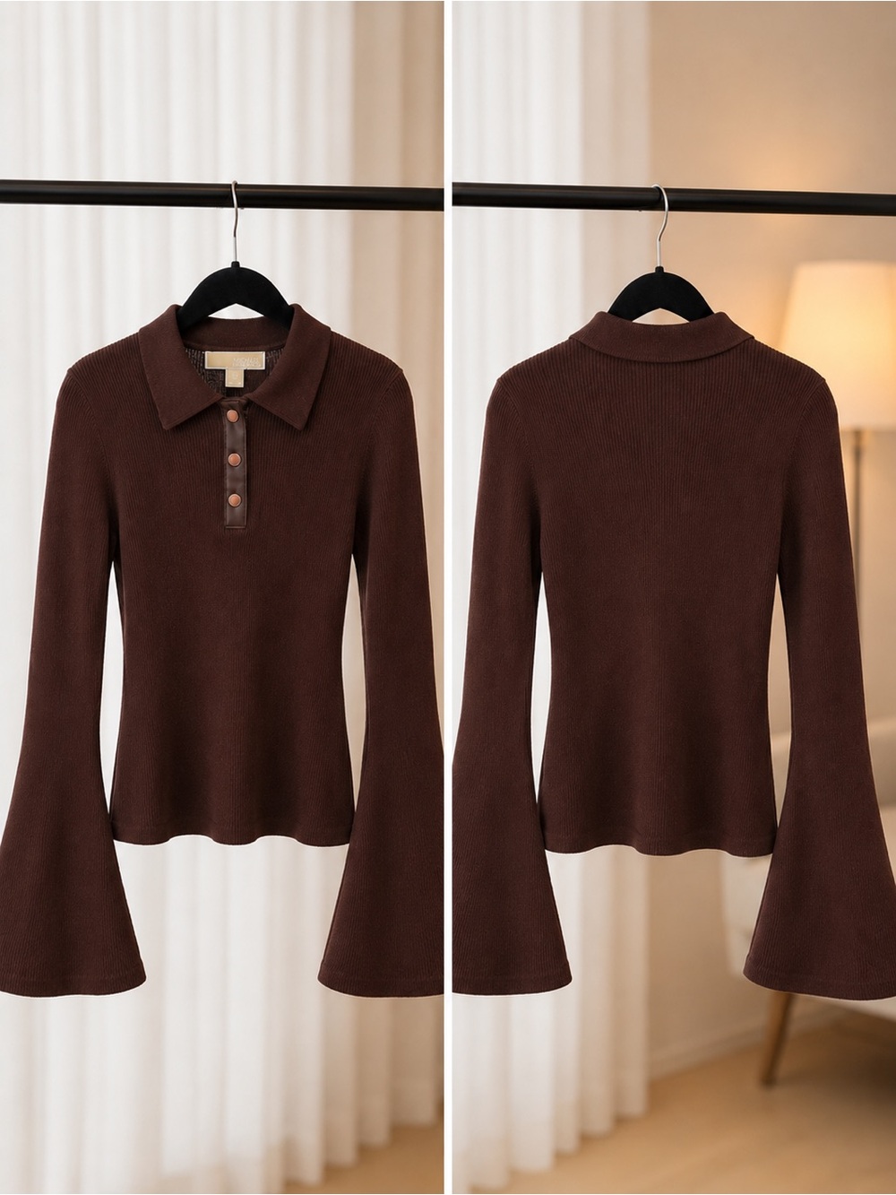 Michael Kors Chocolate Brown Ribbed Polo Top with Flared Sleeves
